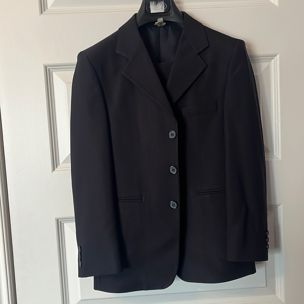 Robert Allan boy suit: black/ dark pin stripe.